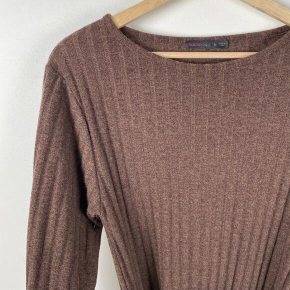 Fraiche by J Chocolate Brown Ribbed Knit Tie Front Long Sleeve Dress Size M - Picture 9 of 10